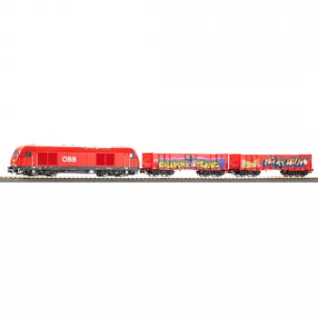PIKO 57033 H0 otroški začetni set ÖBB tovorni vlak Rh 2016 z dvema odprtima vagonoma Eaos
