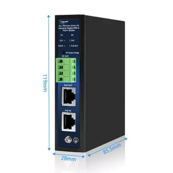 ALLNET industrijski PoE razdelilnik/izvleček IEEE 802.3bt Type 4, 90W, izhod 5V/9V/12V/24V po izbiri, Gigabit Ethernet, montaža na DIN letev/steno (ALL-PSI104G-BT90-PD)