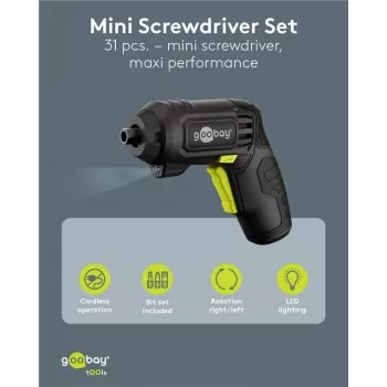 Goobay mini akumulatorski izvijač s priborom, 31-delni, pištolast ročaj z 28 nastavki in funkcijo polnjenja prek micro-USB (77818)