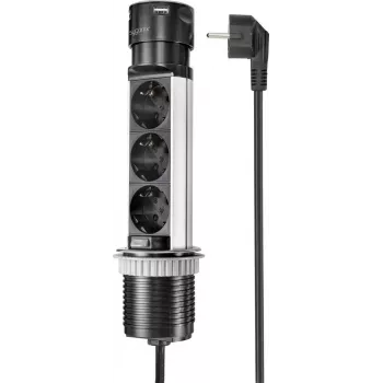 SYGONIX SY-4997104 stolp z vtičnicami, 6 Schuko vtičnic, 2 vhoda USB-A, 1,5 m kabel, črno-srebrn