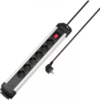 Sygonix SY-6807130 6-vtična podaljška z osvetljenim stikalom, črna/srebrna, 1,5 m kabel