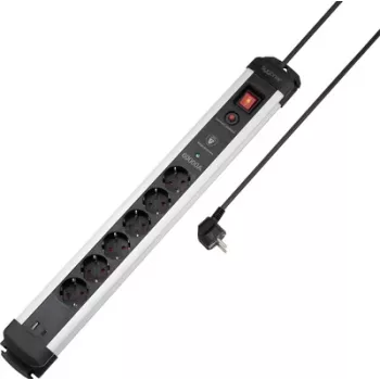 Sygonix SY-6805674 6-vtična podaljška z zaščito pred prenapetostjo in stikalom, Schuko, 1,5 m kabel, črna/srebrna