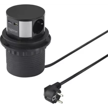 Sygonix SY-6887466 3-vtična podaljška stolp, črna/srebrna, 1,5 m kabel, 3 Schuko vtičnice, 3680 W, osvetljeno stikalo