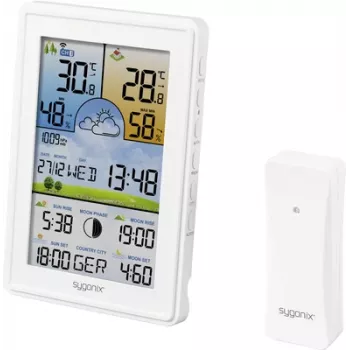 Sygonix SY-5509564 digitalna vremenska postaja z 12-24 urno napovedjo, DCF ura, notranja/zunanja temperatura in vlažnost, lunina faza, opozorilo pred zmrzaljo, podpora 3-kanalnemu senzorju