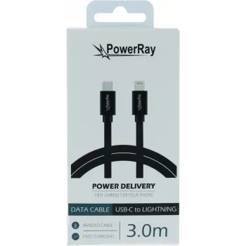 PowerRay USB-C na Lightning podatkovni in polnilni kabel 3m črn tekstilni pleten MFi certificiran PR-DCCL300TBK