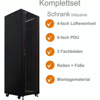 IT-BUDGET 19-palčna omara za omrežje SRK komplet, 38U, 600x600 mm, steklena vrata spredaj, jeklena vrata zadaj, 4 aktivni ventilatorji, PDU, police, predsestavljena, črna 99ITB19SRK3866GSM