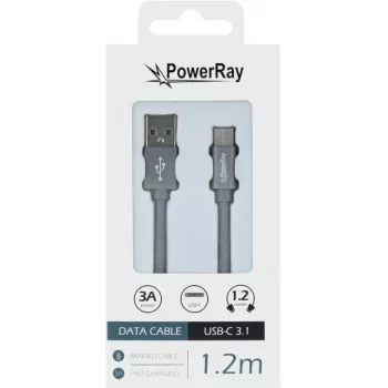 PowerRay podatkovni kabel PR-DCUC120TGY USB-A na USB-C 1,2 m tekstilno siv pleten hitro polnjenje in 5 Gbps sinhronizacija podatkov