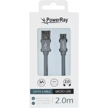 PowerRay podatkovni kabel USB na Micro-USB, 2 m, tekstilno siv, blister PR-DCUM200TGY