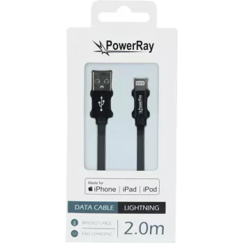 PowerRay PR-DCUL200TBK MFi-certificiran pleten kabel USB-A na Lightning, 2 m, črn