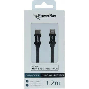 PowerRay podatkovni in polnilni kabel USB-C na Lightning MFi pleten 1,2m črn PR-DCCL120TBK