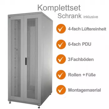 IT-BUDGET 19-palčna strežniška omara SRK komplet - 42U - ŠxG 800x1000 mm - perforirana dvojna vrata spredaj in zadaj - 4 aktivni ventilatorji - PDU - police - sestavljena - svetlo siva 99ITB19SRK42810DTGM
