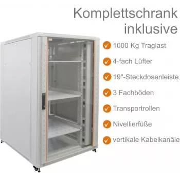 IT-BUDGET 19-palčna strežniška omara SRK komplet - 27U - 800x1000 mm - steklena/jeklena vrata - 4 aktivni ventilatorji - PDU - police - sestavljena - svetlo siva 90ITB19SRK27810GG