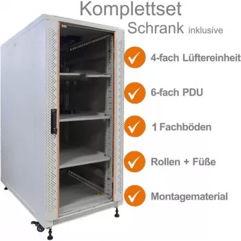 IT-BUDGET 19-palčna omrežna omara SRK komplet - 18U - 600x600 mm - steklena/jeklena vrata - 4 aktivni ventilatorji - PDU - police - predmontirana - svetlo siva 99ITB19SRK1866GGM