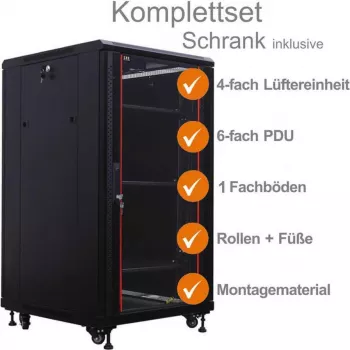IT-BUDGET 19 inch omrežna omara SRK komplet - 18U, 600x800 mm, steklena vrata spredaj, jeklena vrata zadaj, 4 aktivni ventilatorji, PDU, police, predmontirana, črna 99ITB19SRK1868GSM