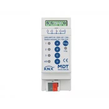 MDT AKK-04FC.03 KNX aktuator za ventilatorski konvektor, 4 preklopni izhodi, 16A, 230VAC, 2 TE, 70µF, 10 EVG