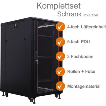 IT-BUDGET 19-palčna omrežna omarica SRK komplet 22U 600x800 mm steklena/jeklena vrata 4 ventilatorji PDU police Flatpack črna 90ITB19SRK2268GS