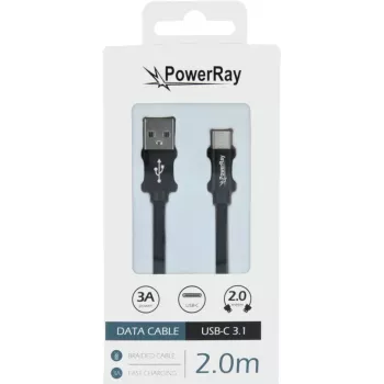 PowerRay podatkovni kabel PR-DCUC200TBK, USB-A na USB-C, 2,0 m, tekstilni črn, blister