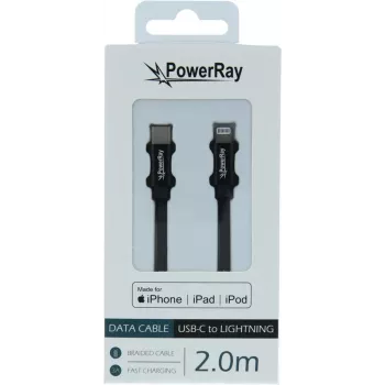 PowerRay USB-C na Lightning MFi pleten kabel 2m črn PR-DCCL200TBK