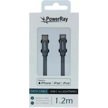 PowerRay kabel USB-C na Lightning, MFi-certificiran, pleten, 1,2m, siv PR-DCCL120TGY