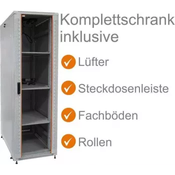 IT-BUDGET 19-palčna omrežna omara SRK - komplet - 38U - 600x600 mm - steklena/jeklena vrata - 4 aktivni ventilatorji - PDU - police - predmontirana - svetlo siva 99ITB19SRK3866GGM