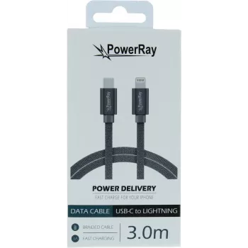 PowerRay USB-C na Lightning pleten kabel 3m tekstil siva PR-DCCL300TGY