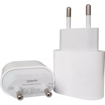 PowerRay PRMHJE3 20W USB-C PD stenski polnilnik, EU 2-Pin, bel, blister embalaža