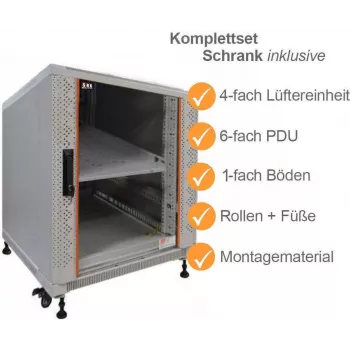 IT-BUDGET 19-palčni strežniški rack SRK komplet - 12U - 600x1000 mm - steklena/jeklena vrata - 4 aktivni ventilatorji - PDU - police - sestavljeno - svetlo siva 99ITB19SRK12610GGM