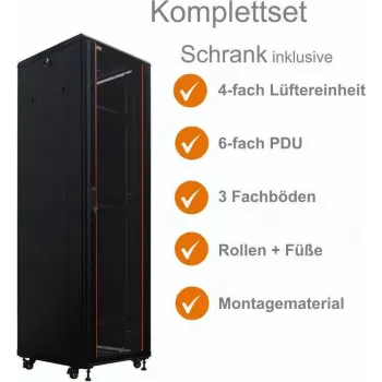 IT-BUDGET 19-palčna omrežna omara SRK komplet 38U 600x800mm steklena/jeklena vrata 4 aktivni ventilatorji PDU police Flatpack črna 90ITB19SRK3868GS