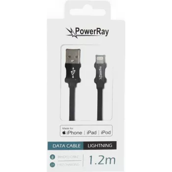 PowerRay PR-DCUL120TBK USB-A na Lightning MFi-certificiran pleten najlonski podatkovni in polnilni kabel, 1,2 m, črn