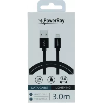 PowerRay USB na Lightning podatkovni kabel 3m tekstil črn PR-DCUL300TBK