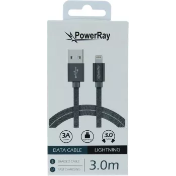 PowerRay USB na Lightning podatkovni in polnilni kabel 3m tekstil siva PR-DCUL300TGY