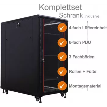 IT-BUDGET 19-palčna omara SRK komplet 27U 600x600mm steklena/masivna vrata 4 ventilatorji PDU police Flatpack črna 90ITB19SRK2766GS