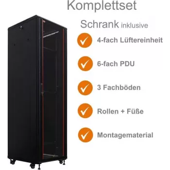 IT-BUDGET 19-palčna omara za omrežje SRK komplet 42U 600x600mm steklena/jeklena vrata 4 ventilatorji PDU police predmontirano črna 99ITB19SRK4266GSM
