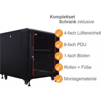 IT-BUDGET 19-palčna strežniška omara SRK komplet - 12U - 600x1000 mm - steklena/jeklena vrata - 4 aktivni ventilatorji - PDU - police - Flatpack - črna 90ITB19SRK12610GS