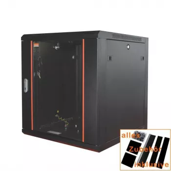 IT-BUDGET 19-palčna omrežna omarica SWA - 12U - 570x600 mm - steklena vrata - snemljive stranske plošče - stenska/talna montaža - komplet dodatkov - črna 90ITB19WS1266GS