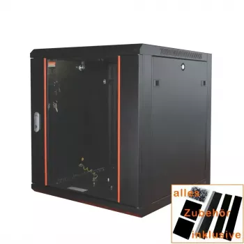 IT-BUDGET 19-palčna omrežna omarica SWA - 12U - 570x600 mm - steklena vrata - snemljive stranske plošče - stenska/talna montaža - komplet dodatkov - črna 90ITB19WS1266GS