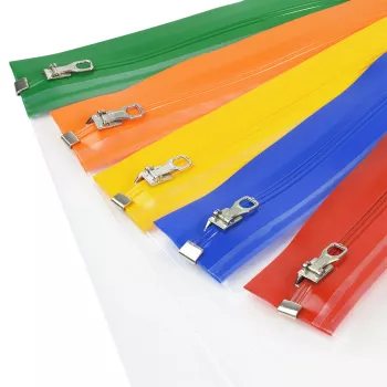 Rapesco Zippi Bags A5+ vrečke z zadrgo, 250 x 195 mm, prozorne z modrim, oranžnim, zelenim, rdečim, rumenim robom, 5-kos paket 1502