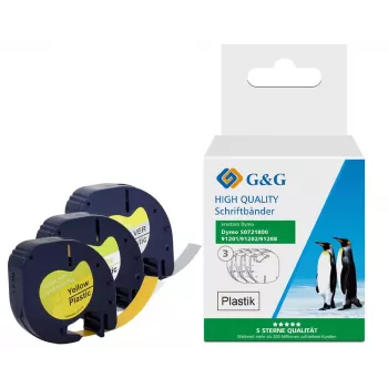 G&G TD-RL-D-91201/2/8-3P komplet označevalnih trakov, 12 mm, 3 kosi (bel, rumen, srebrn na črnem), združljiv z DYMO D1