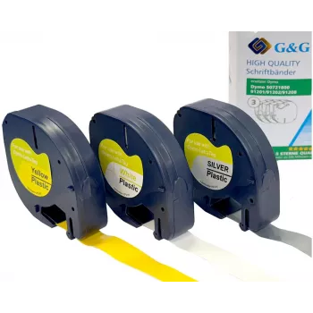 G&G TD-RL-D-91201/2/8-3P komplet označevalnih trakov, 12 mm, 3 kosi (bel, rumen, srebrn na črnem), združljiv z DYMO D1