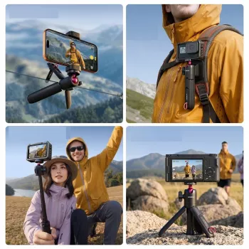 ULANZI MT-55 4-v-1 mini stojalo selfie palica ročaj s kavljem za nahrbtnik s kroglično glavo, 1/4 inch navoj, držalo za telefon 60-85mm, aluminijeva zlitina, črna