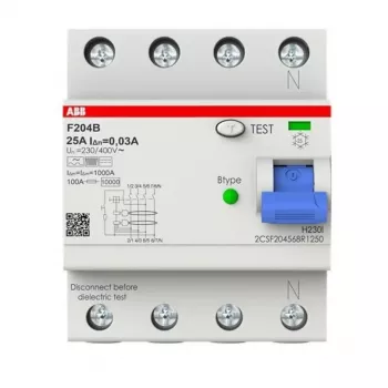 ABB tip B zaščitno stikalo na diferenčni tok (RCCB) 4P 25A 30mA 3kA 4 moduli F204B-25/0.03-4TE 2CSF204568R1250