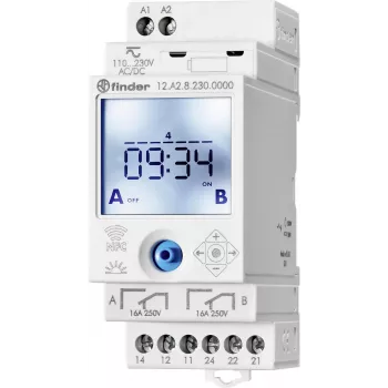 Finder 12A200240000 digitalno astronomsko časovno stikalo, 2-kanalno, dnevni/tedenski/astro/prazniški/impulzni programi, DIN letev, 230 V AC, 16 A
