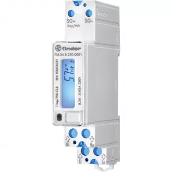 Finder 7M.24.8.230.0001 enofazni digitalni števec energije, 230 V AC, 5(40) A, razred 1, LCD, impulzni izhod S0, za DIN letev, 1 modul, ni skladen z MID