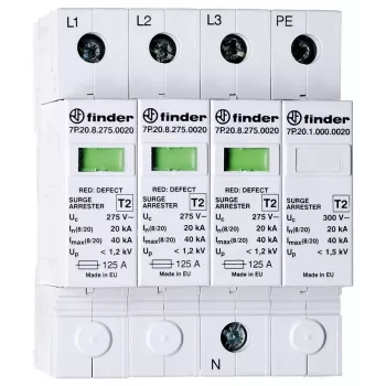Finder 7P.24.8.275.K110 tip 2 prenapetostna zaščita za fotovoltaične sisteme, 3-polna, 1100 V DC, 20 kA (8/20 µs), DIN-tirnica