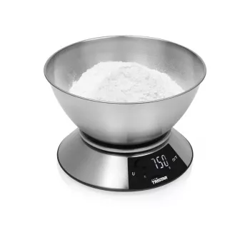Tristar KW-2453 digitalna kuhinjska tehtnica z nerjavečo posodo, zmogljivost 5 kg, natančnost 1 g, LCD zaslon, funkcija tare, srebrna