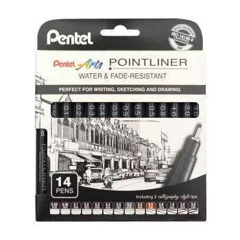 Set trajnih finelinerjev Pentel Arts Pointliner, 14 različnih debelin črt 0,03 mm–3,0 mm, črno črnilo (YS20P-14)