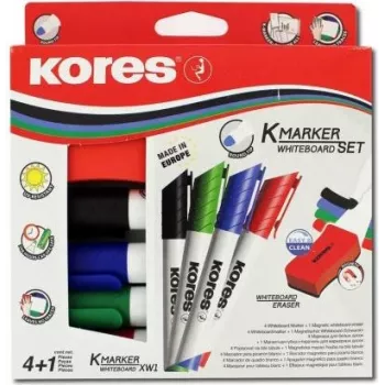 Kores set markerjev za belo tablo, 4 markerji + brisalec, okrogla konica, 3,0 mm, hitro sušeči, različne barve M20863