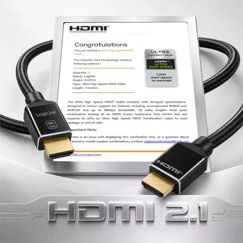 LogiLink kabel HDMI, A/M na A/M, 8K/60 Hz, 48 Gbps, kovina, najlon, certificiran, črn, 3 m
