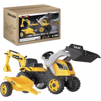 Smoby Builder Max pedalni traktor s prikolico, rumen