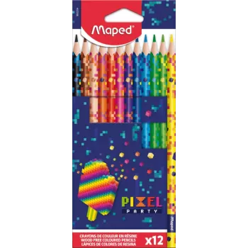 Maped PIXEL PARTY trikotni barvni svinčniki, 12 različnih barv, mehka zlomljivosti odporna mina, ohišje s piksel vzorcem, kartonska škatla 862204